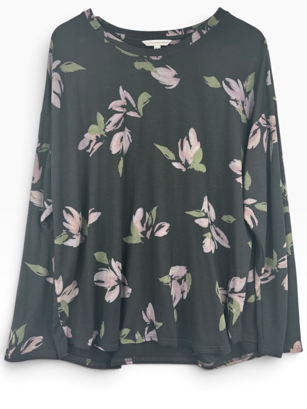 Catherine Malandrino Black & Pink & Green Floral Pattern Long Sleeve Top XXL